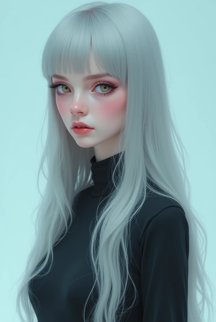 yellowish white woman ,  slanted eyes ,  heart-shaped lips ,  forward look ,  with light gray hair and black dress in front of a light blue background Yuri Shwedoff and Tom Bagshaw, inspired by Darek Zabrocki, By Andrei Kolkoutine,  long light gray hair , ...