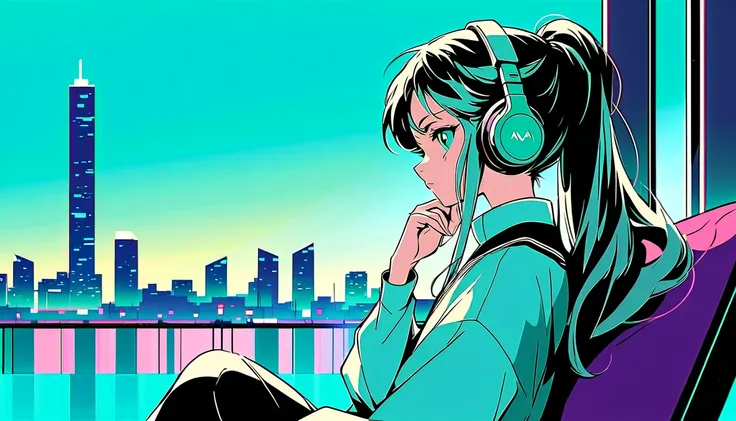 ((Best Quality)), (masterpiece)), (detailed), (Realistic), 80s Anime, Wide angle shooting, Long-distance shot, Ghibli style, Lo-fi art style, Nostalgic, Cityscape at dusk, Hatsune Miku sitting and listening to music, Miku is wearing headphones and has her ...