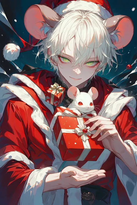 (outrageous, high-resolution, ultra-precise), (man), single, handsome, detailed-looking eyes and detailed faces, visual art, mysterious, white hair, green eyes, (boy), smiling eyes, mouse ears, open, chestnut, falling snow, Santa costume, hand holding a gi...