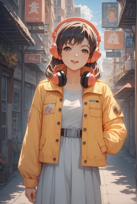 anime girl in a yellow jacket and white dress with headphones, anime artstyle, high quality anime artstyle, young anime girl, digital anime art!!, in anime style, made with anime painter studio, anime style illustration, anime style character, urban girl f...