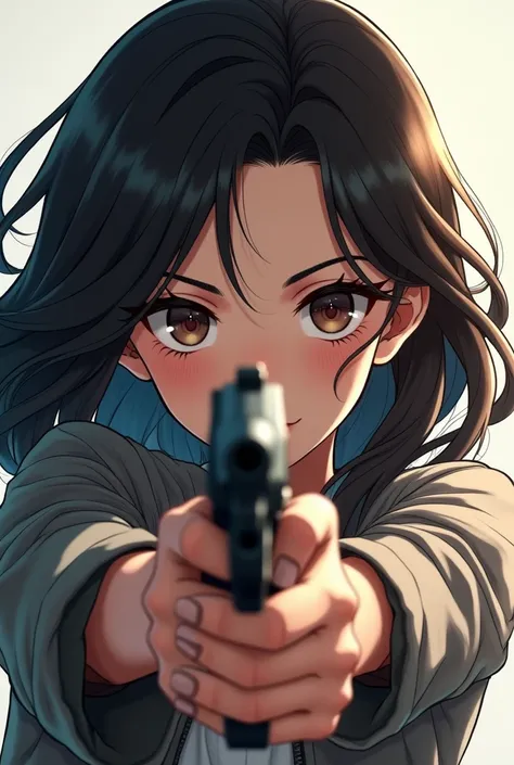  A beautiful anime girl holds a glock gun with both hands looking into your face, a bullet flies out of the barrel 