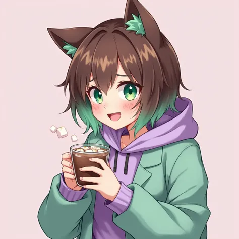 female, short, brown hair with green highlights, lavender colored hoodie, mint green overcoat, y2k jeans, cat ears, green to magenta gradient eyes, holding cup of hot cocoa, glass cup, marshmallows in cup slightly toasted