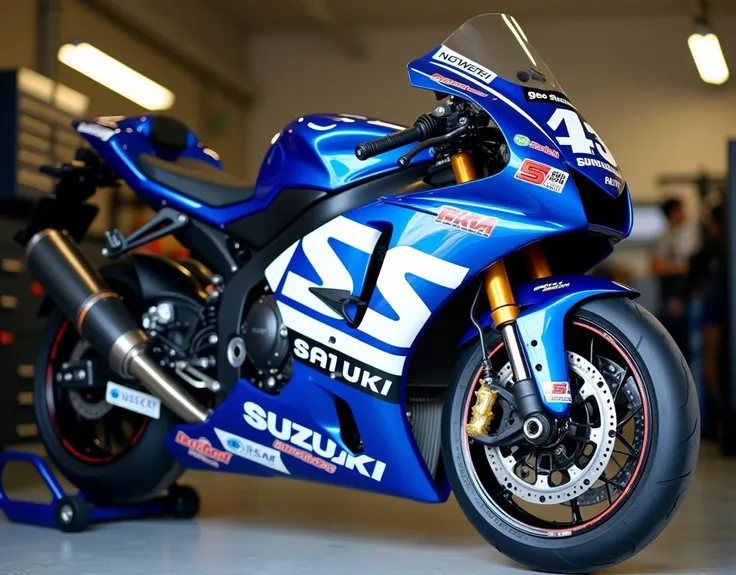 A motogp is parked in the garage, blue in color, Suzuki Brand, full stickers, 100cc, Focused in bike details, (((Hight Details:1.4)))