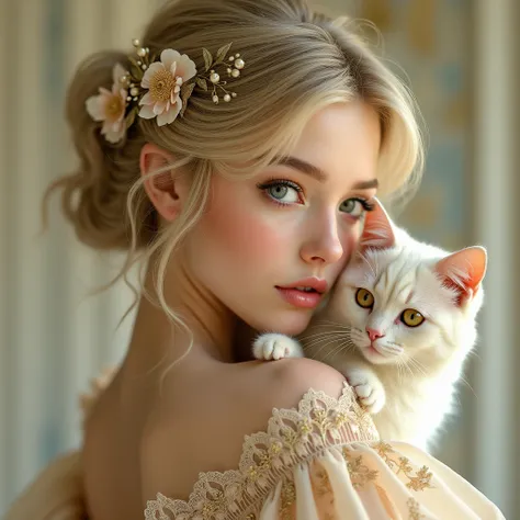 Prompt young, light-skinned woman with light blonde hair styled in a high, elegant updo, adorned with a delicate gold-toned floral headpiece.  Her eyes are large and light green, with subtle, soft makeup, including blush and a light peach lipstick. The wom...