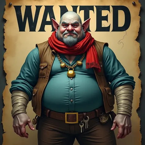 Leprechaun man, big nose,   pointy ears, gray skin, bald,  big belly  ,  Thick arms and legs , double chin,   red scarf around your neck,   blue wool shirt  , brown leather vest  ,  necklace with bronze balls  , bandages on the arms ,  leather pants ,  pad...