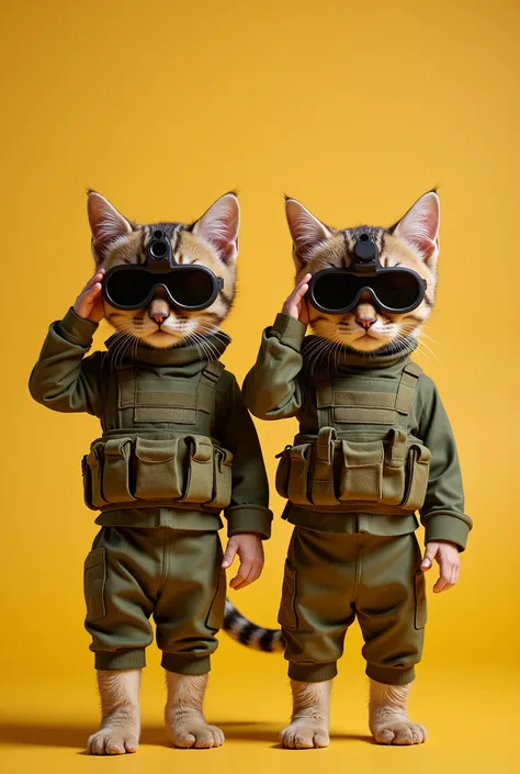 Two small tabby cats wearing tactical military uniforms and night vision goggles stood at attention and saluted. bright background, masterpiece, best quality, super detailed, high resolution, very detailed, 4k, realistic, (natural light), amazing, fine det...