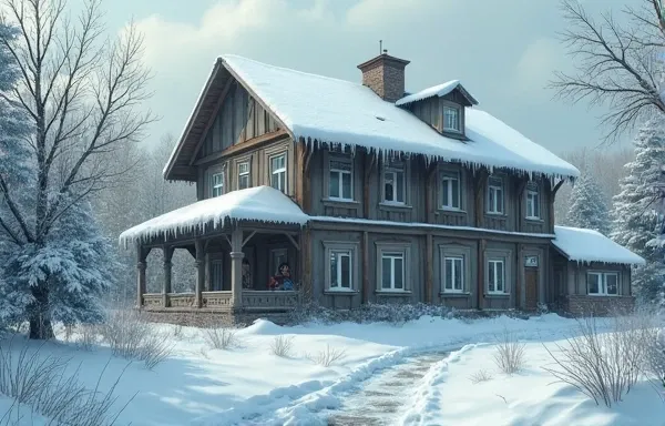 "A detailed, realistic image of a traditional orphanage in Russia during winter, surrounded by snow. The building appears old but well-kept, with ren visible through the frosty windows playing or looking outside. The environment conveys a sense of coldness...