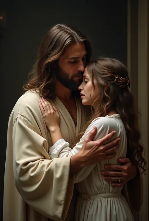 Jesus Christ masculine photo of him, comforting her daughter from sadness crying