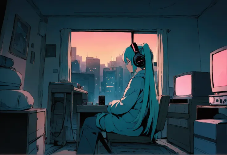 ((Best Quality)), (masterpiece), wide-angle view of a cozy, ordinary room at dusk. Hatsune Miku sits by the window, wearing headphones, with teal twin tails and a calm expression. The room features simple furniture, a few audio devices, and soft city light...