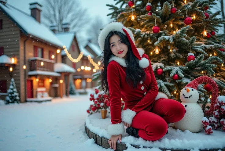 (RAW photo, real photo, high quality, masterpiece), ( this is Santa Cluas village, Christmas tree with gift, snowman, snow accumulation on ground, chimney on the wooden houses, snow falling, woman is sitting in the centre of Santa Cluas village and lean fo...