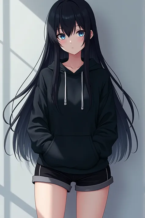 Anime girl, long black hair, black hoodie, tight shorts,  blue eyes, 