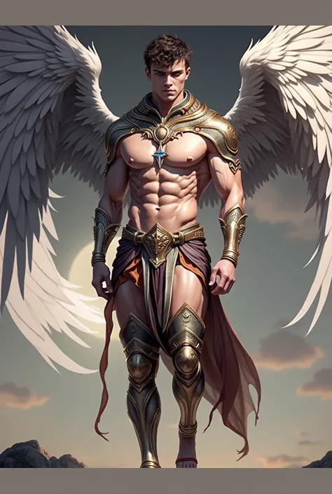 An angel named Abuhaza, depicted as a muscular being with a physically perfect body, serving Arcan, the ruler of the angels of the air on Mondays. In the image, Abuhaza stands tall, his powerful frame highlighted in a full-body shot. The background subtly ...