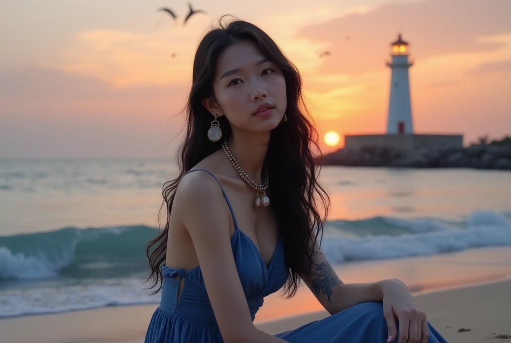 An adorable Taiwanese woman, with long black wavy hair, sitting on the beach at sunset. She wear an elegant blue dress with an open design, wearing a bobble necklace and long earrings. She has extra breast size. There is a tattoo on his arm. The background...