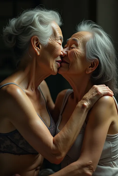 Teo very elder old wrinkly saggy asian lesbians kissing in lingerie clothing 