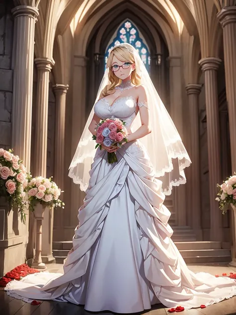 A blonde woman with long,  with blue eyes, wearing a wedding dress, with a bouquet of roses, inside a church
, wearing teacher glasses, big breasts, big tits 4k, one person in the photo, full body image