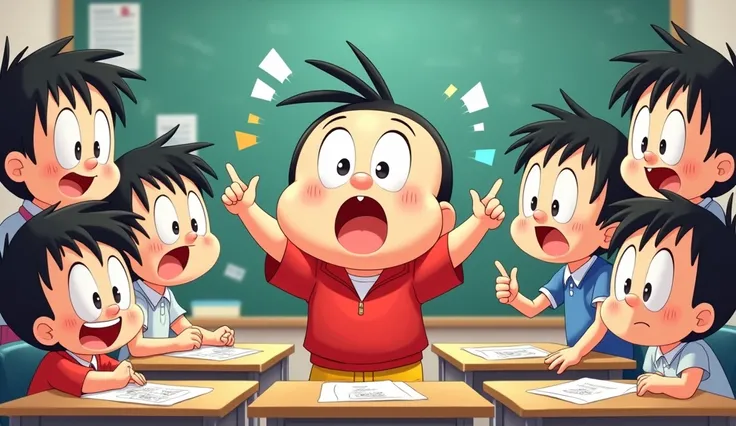 Shinchan making funny faces and pulling pranks in a playful classroom setting, with laughing s around him.