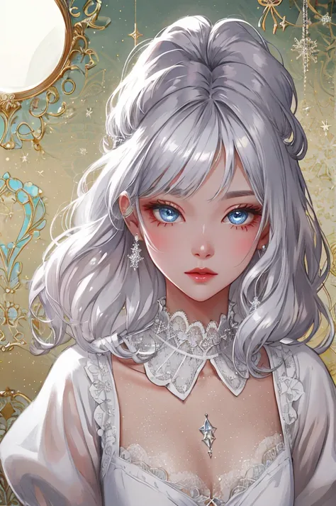  1 beautiful girl、Expression of eyes 、Close Lips 、 dynamic skin texture 、 Fluffy White Dress 、lace embellished collar 、 complicated、Soft sparkling reflective atmosphere 、 silver hair、Natural Wave Hair、 colorful vintage Christmas wallpaper、HD