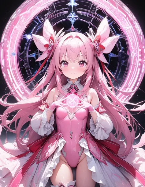 ((masterpiece)), ((highest quality)), (Super detailed), ((cute)), cute, (Lovely), ((sexy)), (device), ((Very detailed)), 4K, (8k), highest quality, (beautiful), One girl, , Shiny skin, Pink Hair, Long Hair, Both sides up, Pink Eyes, Magical girl, , Small b...