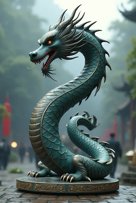       Chinese and European dragon,    statue form has his body absent of his limbs and wrapped up in a swirl with his head in the center, leaving twelve slots for the talismans to be inserted in a semicircle under his head realastic 4k photo  unreal Engine...