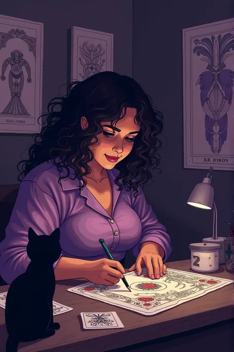 Pixel art,  a brown woman with curly hair is slightly overweight, Making a print of tarot ,  I want to have shades of dark purple in the image and a black cat  