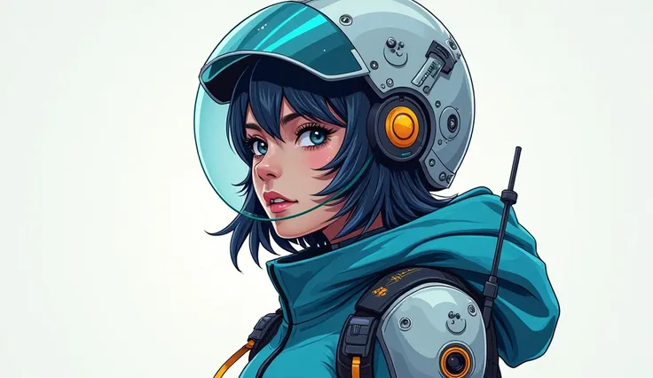 A young white-skinned girl in a cybord costume with a cybord helmet,  in addition to the design being innovative and cyberpunk .    for a website interface .  Color Palette = celeste. Drawing style. 2d animation.)  GIVE ME COOL CHARACTERS WITH THE SAME DRA...