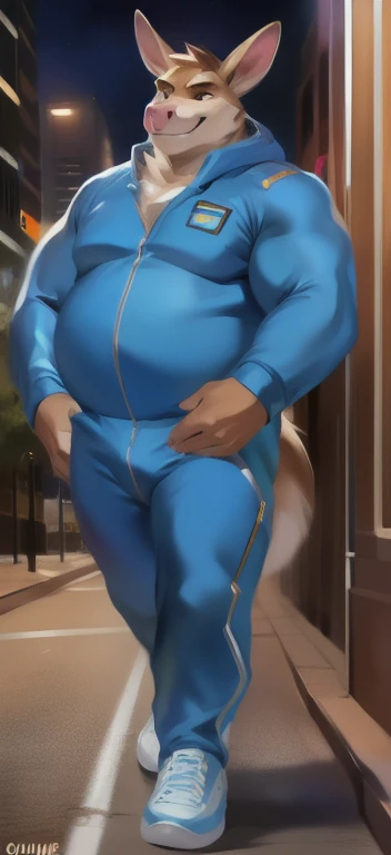 Solo, male Tall​, huge​ body​,​standing, street,pig kangaroo ​,blue military spacesuit, overweight, muscular, smirking, by chunie