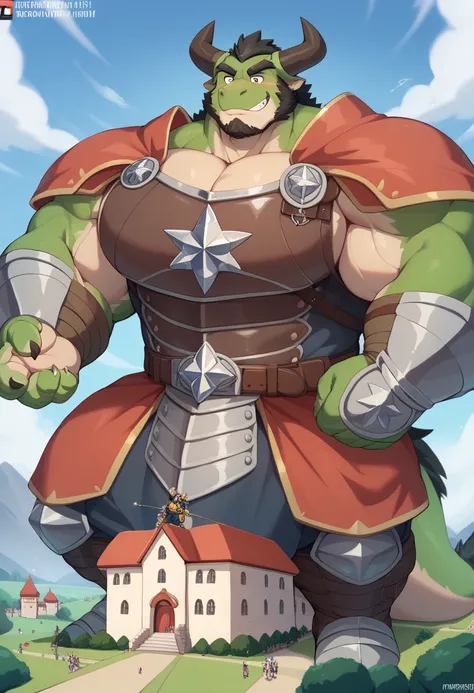 Scribble dragon face,Fuzzy(dragon),Chuppy,  muscular large strong muscle ,(  black eyebrows :1.1),(perfect eyes), green fur，Trägt eine  royal clothing / armor  ,（artist:takemoto arashi)，paw，（  Black beard  :1.3），（ royal clothing / armor  :1.4) (trägt knigh...