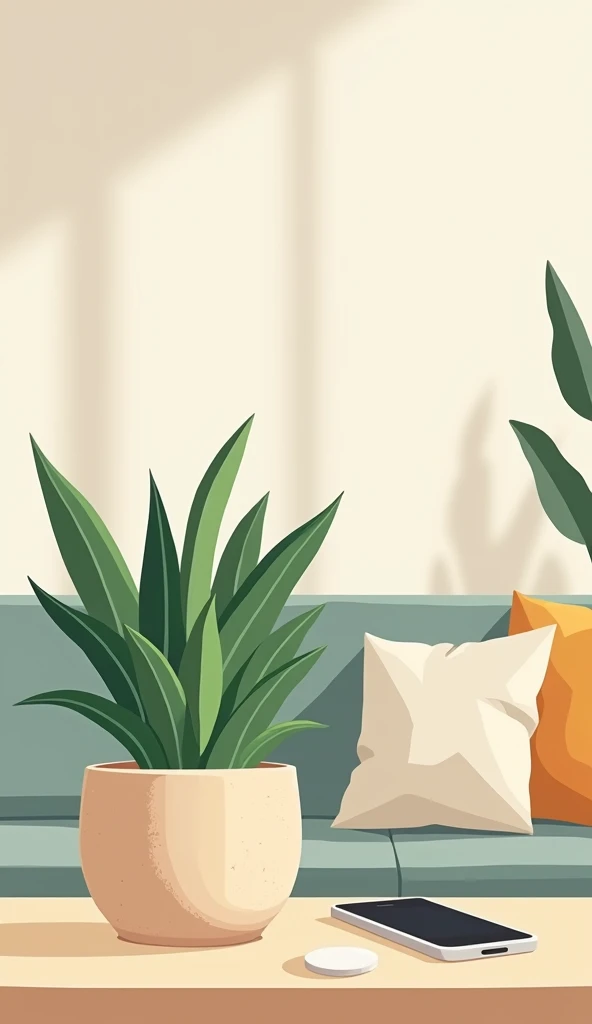 A plant in a ceramic simple pot on a table, with a smartphone, in the livingroom minimalist cartoon