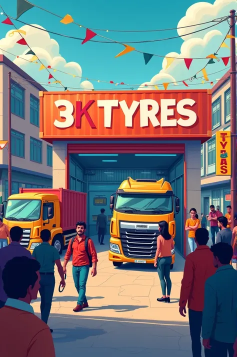 New year poster of a tyre shop named 3K TYRES 
Mini container trucks 
A tyre shop 
Customers 