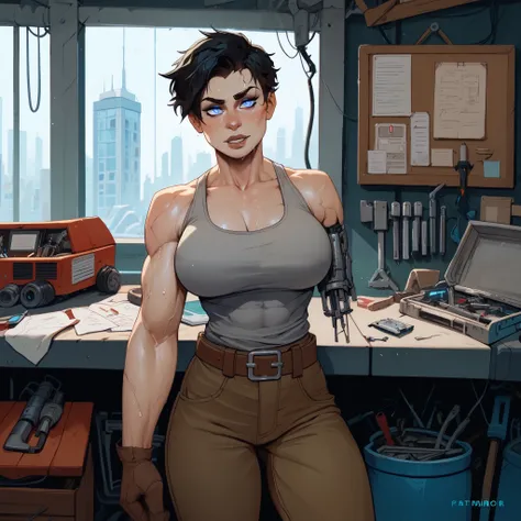 Young woman, short hair, black hair, tomboy, athletic, buff, big arms, chunky, glowing blue eyes, pale skin, large breasts, wide hips, muscular, gray tank top, sweaty, baggy cargo trousers, tool belt, brown leather gloves, workshop, mechanic, robot worksho...