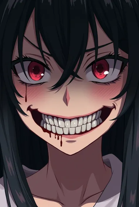 Anime illustration, yandere, evil smile, big droopy eyes, huge mouth, ultra detailed, absolutely resolution, masterpiece