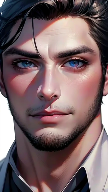 (best quality,4k,8k,highres,masterpiece:1.2),ultra-detailed,(realistic,photorealistic,photo-realistic:1.37),30 year old man,3 day beard,handsome anime,portraits,strong,masculine,dark black hair,sharp jawline,mesmerizing eyes,perfectly styled hair,cool anim...