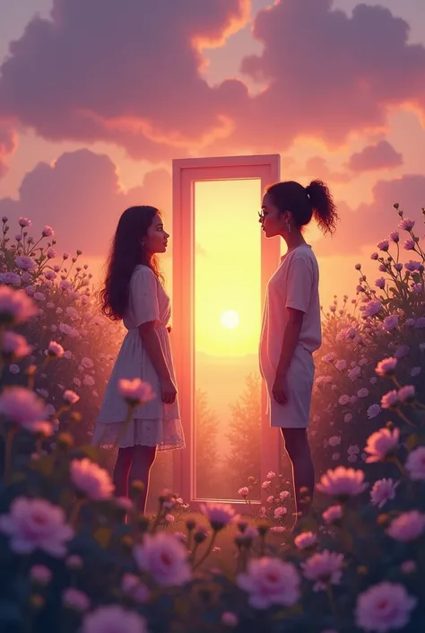  An unexpected love presents a sunset with a shade of pink and violet mixed with soft clouds that dissipate. in the center,  a half-open door or illuminated window emits a warm light surrounded by delicate flowers . two girls,  a white one with straight br...