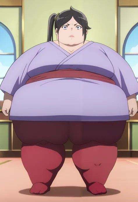 score_7_up, anime screencap, 
YamatoMikoto, Phryne Jamil,
1girl, closed mouth,
long hair, side ponytail, black hair, hair ornament, parted bangs, blue eyes,
purple kimono, red sash, red thighhighs, standing, looking at viewer,
indoors, window, fat, chubby,...