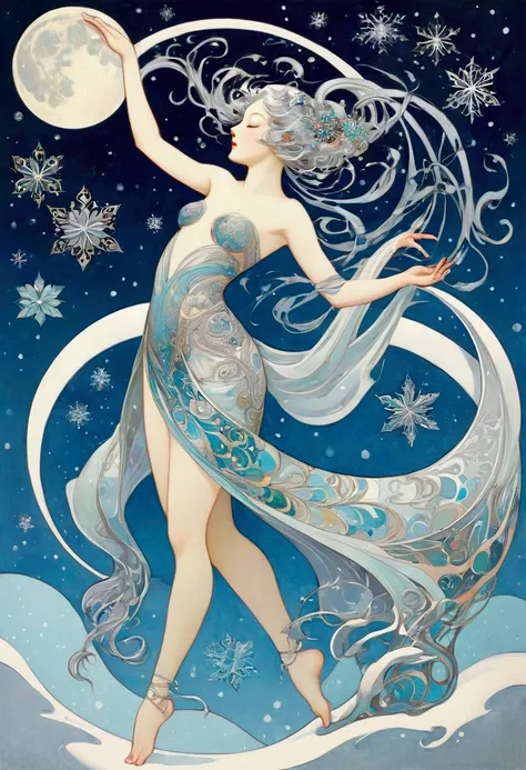 Hallucinatory, Tsuruta Ichiro Style Beauty Painting , Hypnotic Patterns , flat illustration , Abstract, Euphoric,  Fluid Shapes , Art Nouveau style painting ,  jewelry, winter,  Art Nouveau silver moon ,  Snowflakes ,  negative space in the shape of a danc...