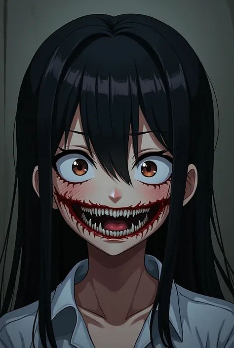 Anime illustration, yandere, grin, big droopy eyes, huge mouth, ultra detailed, absolutely resolution, masterpiece