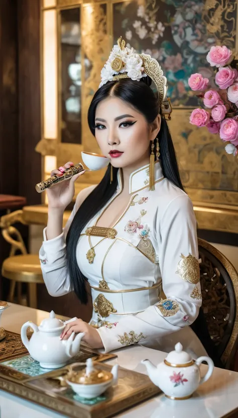 portrait of asian female model, white porcelain, using high-end cosmetics, cosplaying ancient princess costume, modern cafe setting, hot cup of coffee, a beautiful vase of flowers, a gun on the table