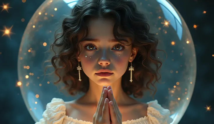 A beautiful curly girl 13yo, wearing cross earrings,feeling sad while praying and elegantly wrapping around her hands in a prayer position, hands raised in worship, tears glistening on her cheeks sitting in the middle of a crystal sphere with mini galaxies...