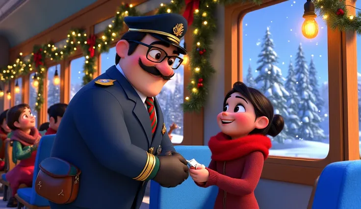 A Pixar-style cartoon medium shot of the conductor leaning slightly forward as he checks a ticket held by a young girl sitting in a plush blue seat. The conductor’s round black glasses and neatly trimmed mustache give him a cheerful, approachable look. His...