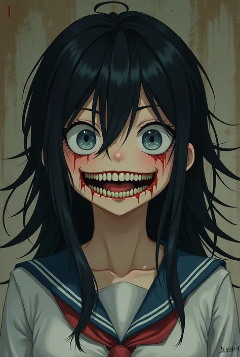 Anime illustration, yandere, creepy smile, big droopy eyes, huge mouth, ultra detailed, absolutely resolution, masterpiece