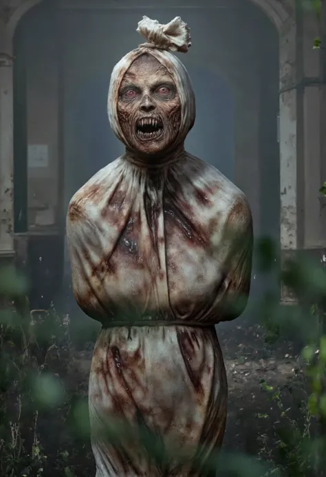 a zombie wearing white clothes. Open mouth, full body portrait, zombie face at night, dark background, old hospital, horror, gloomy, moody lighting, (best quality,4k,8k,highres,masterpiece:1.2),ultra-detailed,(realistic,photorealistic,photo-realistic:1.37)...