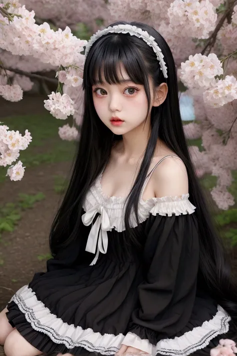 Japanese idol, girl, cutest, teenager, young adult, big black eyes, thin lips, long black hair with bang, lolita dress, lilly flowers