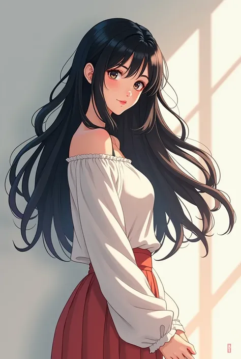 Beautiful girl with long wavy black hair and casual 2D anime clothing and that she takes it all over her body