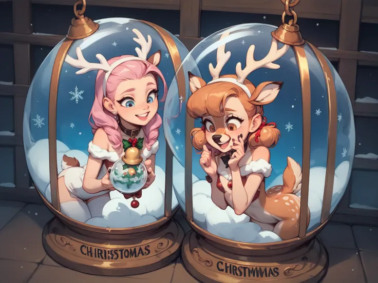 ((A gorgeous Christmas witch is visiting her captive who is trapped in a magical snow globe that acts as a prison)). Inside the snow globe is a tiny sexy woman being transformed into a female deer ((feminine human body with deer-like features)), 2girls, du...