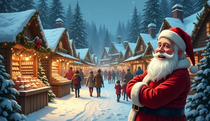 Santa Claus Village,  Christmas Markets, stall,  Christmas Gifts ,  Coloured Lights , hot drinks, snow, family,  Handmade Decorations ,  a warm atmosphere, Festive Mood 
