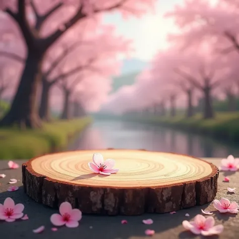 Empty wooden slice fogrounf ront top , background a peaceful, balanced landscape inspired by Japanese culture, symbolizing longevity and the essence of Ikigai,surrounded by cherry blossom trees in full bloom, some petal lying dwon ,