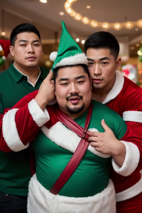 2men, 1ChineseMan, 1MexicanMan, ethnic Chinese and ethnic Mexican facial features respectively, Slightly overweight handsome Chinese man in sexy Santa Claus suit right hand grasping a tether tied around the neck of an athletic Mexican-man wearing a green S...