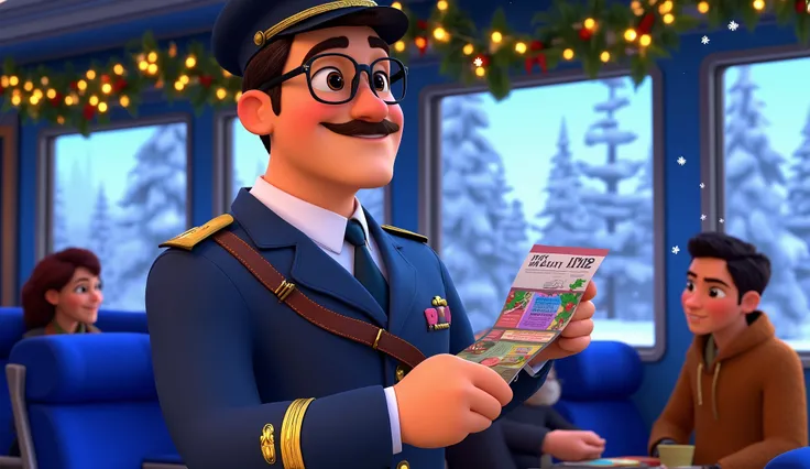 A close-up Pixar-style cartoon shot of the conductor’s hands holding a ticket puncher as he punches a festive train ticket. His navy-blue sleeve with gold trim is visible in the foreground, along with the strap of his leather ticket pouch. In the backgroun...