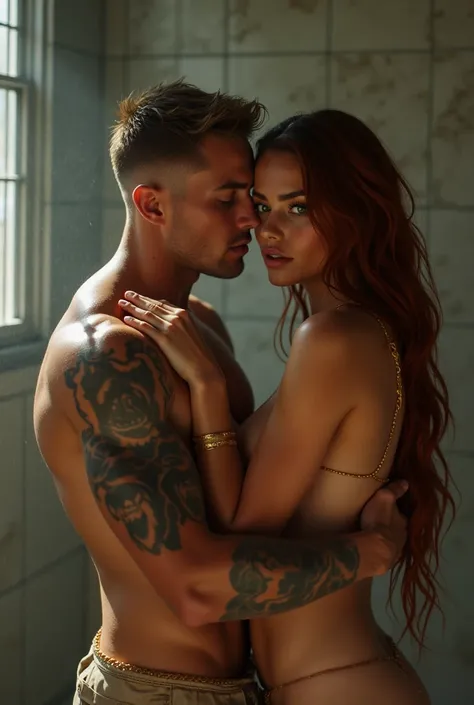 Create a sexy image of a couple of an attractive muscular and tattooed man with Colombian features and short light golden chocolate colored hair, tanned skin, big clear blue eyes, freckles behind his girlfriend a woman with Colombian features, full lips, p...