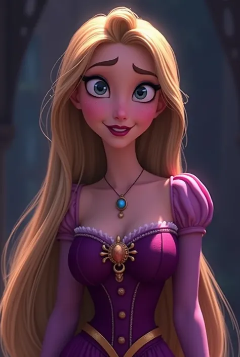 Disney princess Rapunzel reimagined as an evil villain in disney animated style. It should be the same as Rapunzel,but just give her a makeover of a villain. Keep the hairstyle and face same as original rapunzel 